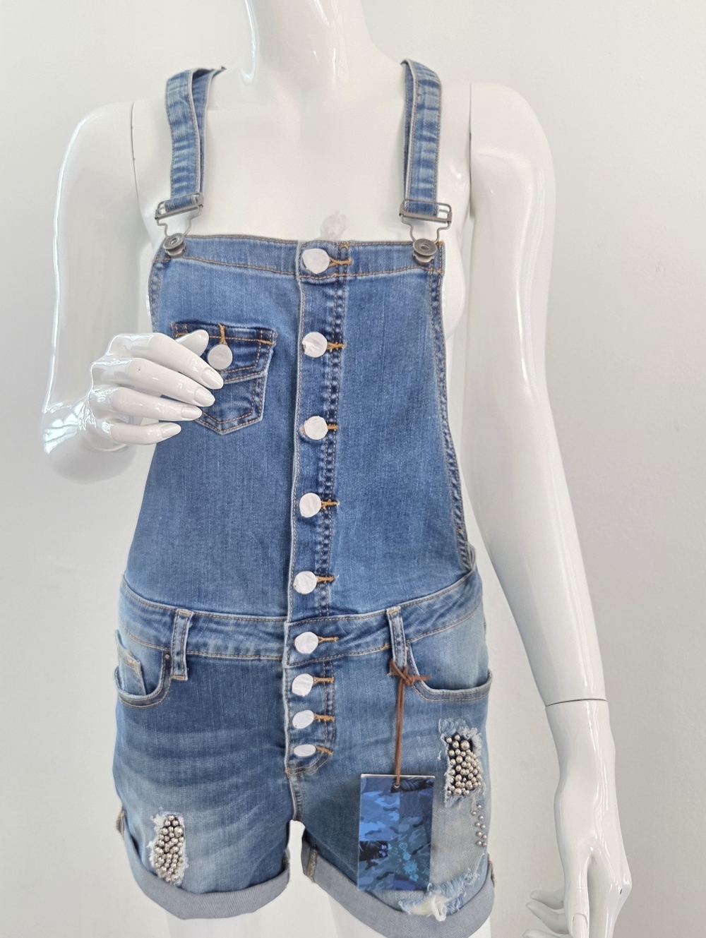 Funky Soul Distressed Studded Denim Short Overalls NWT - Picture 2 of 16